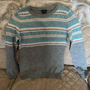 Brand New Never Worn Grey Sweater with Pink and Blue Design on Top